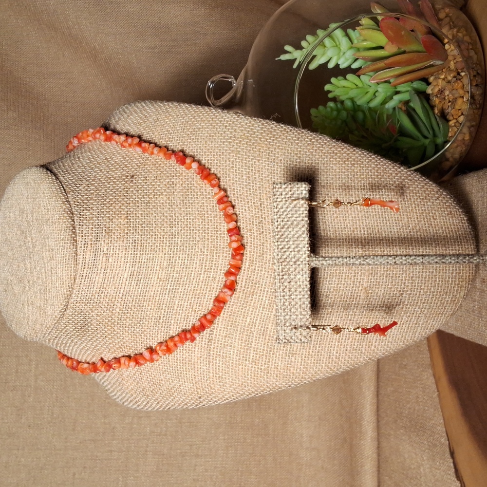 Vintage Red Orange Coral Necklace and Earring Set
